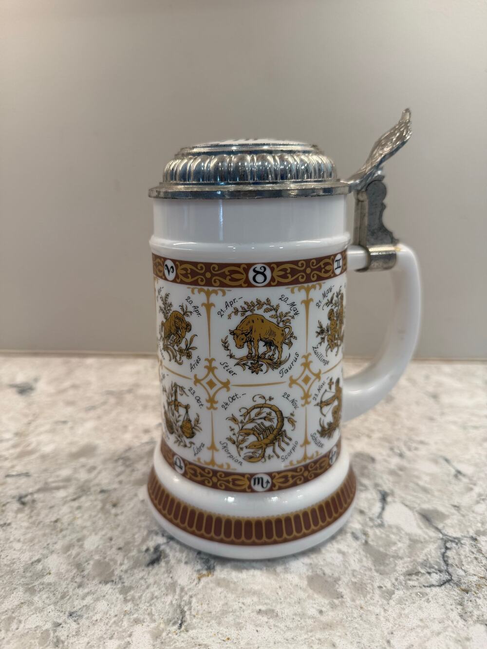 Vintage German BMF Lidded Beer Stein Milk Glass Zodiac Astrology Horoscope JL